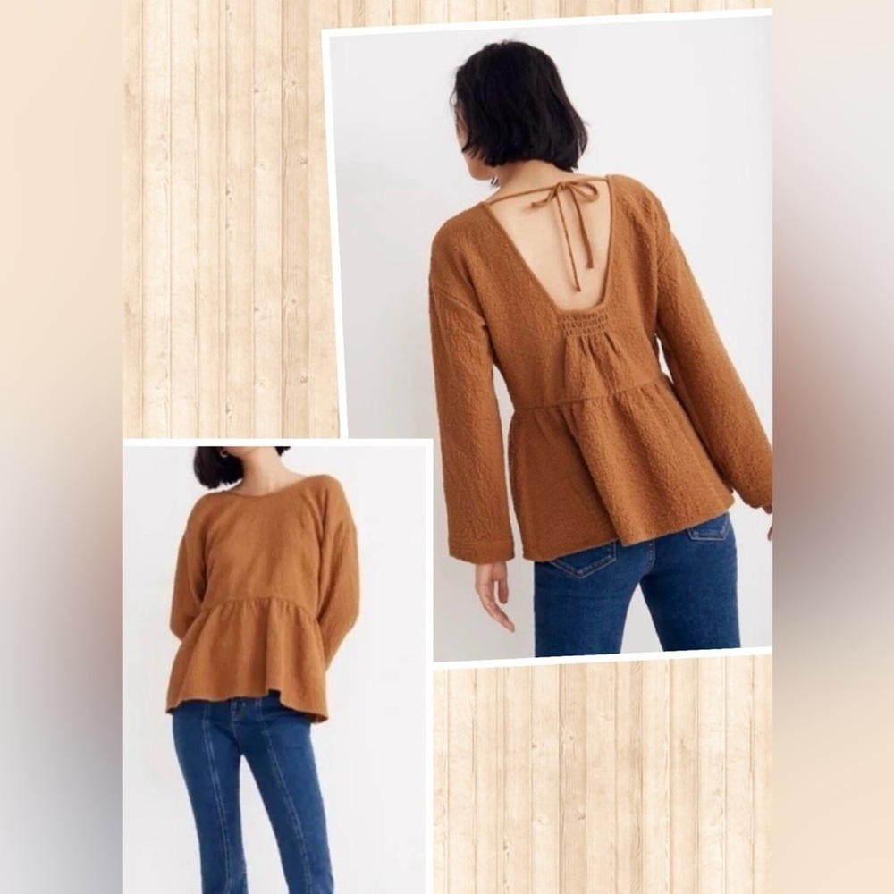Madewell Boho Neutral Peplum Top Tie-Back Mod Feminine Preppy Relaxed Fit - Picture 2 of 7